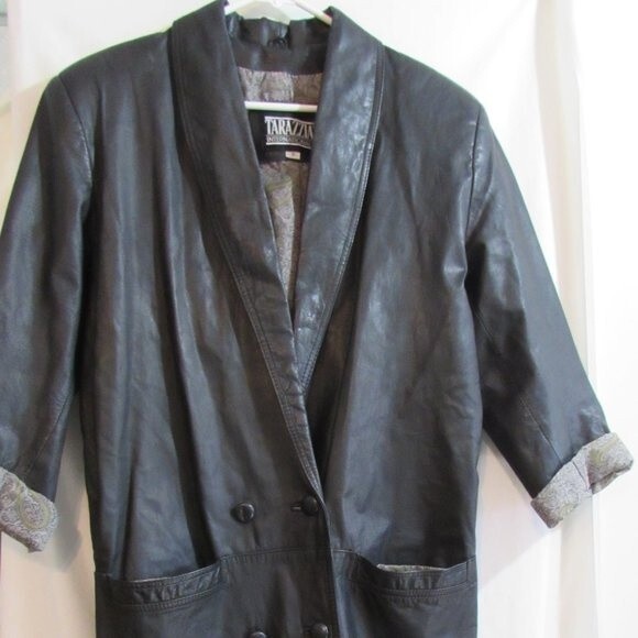 VINTAGE TARAZZIA SIZE S LONG LEATHER COAT TRENCH WOMEN'S CUFFED SLEEVES … - Picture 1 of 13